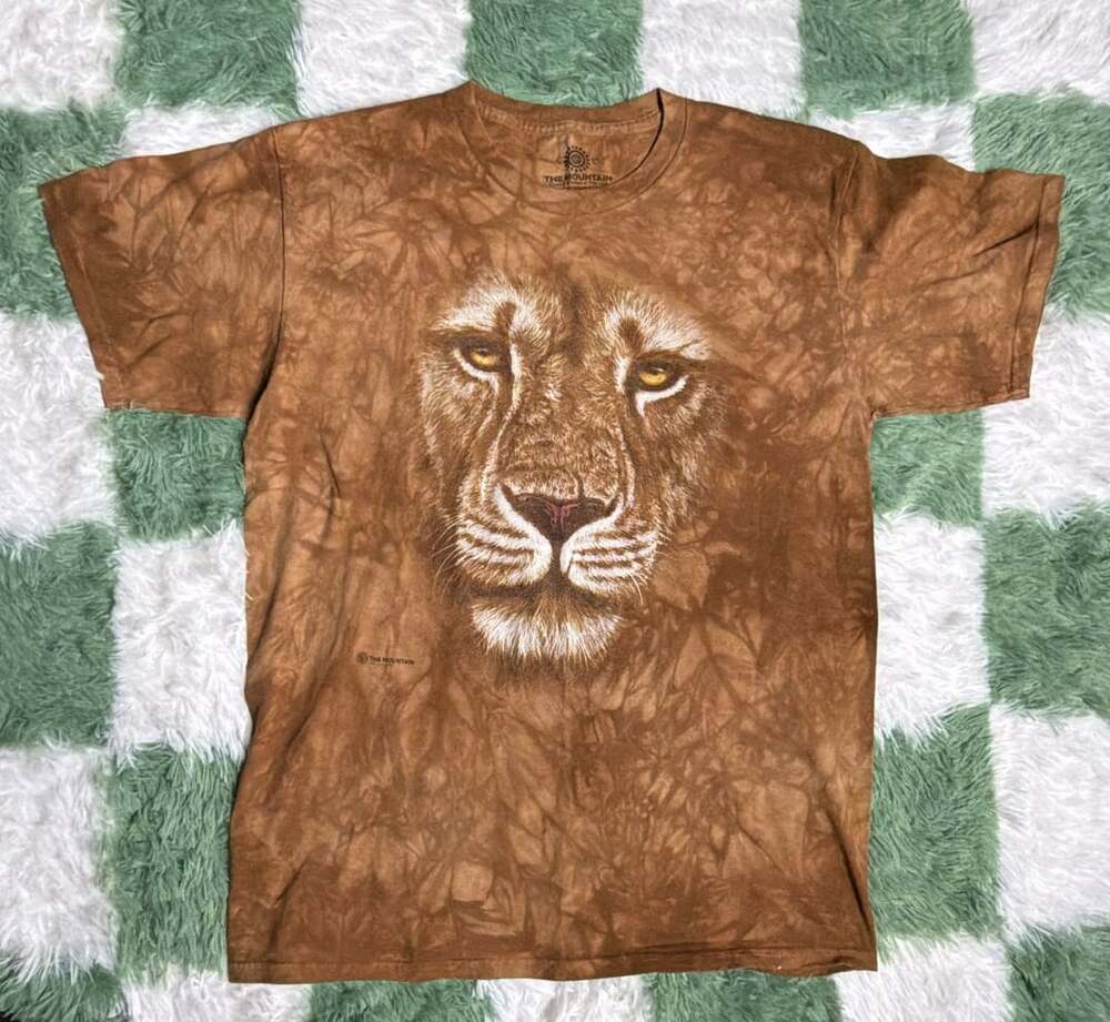 The Mountain Lion Face Graphic T-Shirt Size L Brown Tie-Dye Cotton Tee Shirt